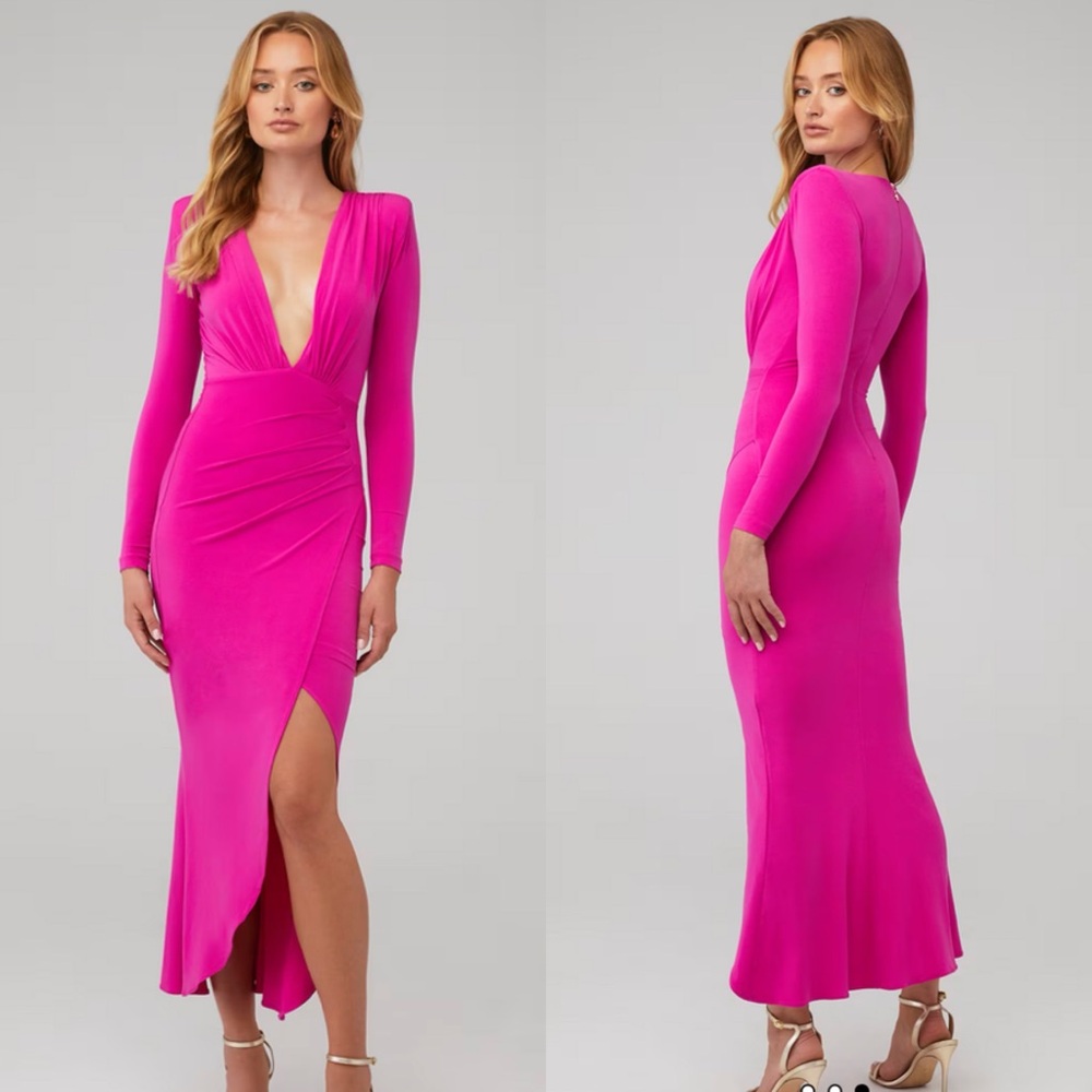 Nookie Revolve Farrah Hot Pink Long Sleeve Ruched Side Slit Maxi‎ Dress XS